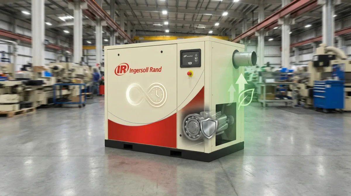 Compresor industrial Ingersoll Rand en planta de manufactura, con iconos visuales superpuestos que representan los tres factores técnicos clave: ciclo de trabajo continuo (reloj infinito), durabilidad de componentes internos (engranajes y escudo), y eficiencia energética (hoja y flechas verdes).