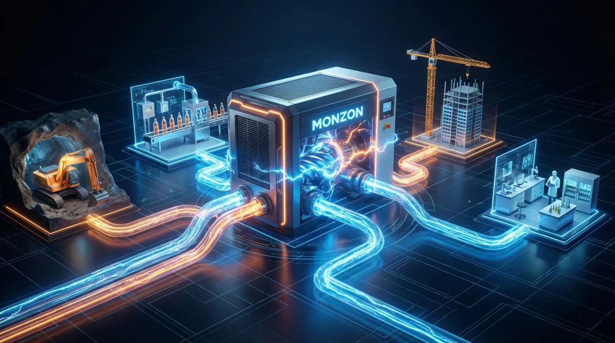 Ilustración conceptual de un compresor industrial de tornillo Monzón, actuando como núcleo energético. Del compresor emanan flujos de aire comprimido azul y naranja que conectan y dan vida a diversas industrias: minería, producción de alimentos, construcción y laboratorios farmacéuticos.